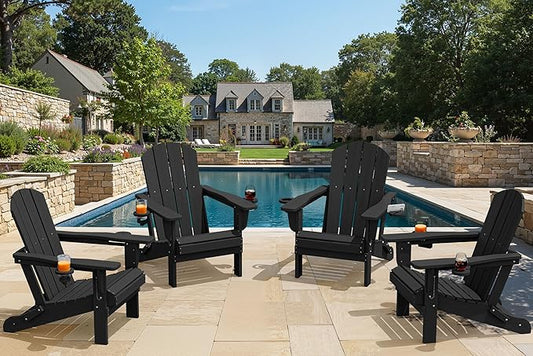 SERWALL Folding Adirondack Chair, Dual Cup Holders & All-Weather HDPE, Wood-Like Patio Chair for Backyard, Camping,Pool & Fire Pit- Black