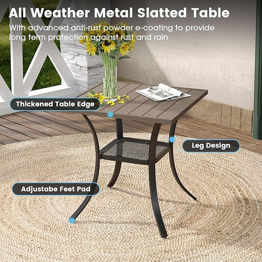 DIFY 3 Pieces Outdoor Patio Dining Set for 2, 27.6" Small Square Metal Dining Table and 2 Sandshell Textilene Swivel Dining Chairs, Outdoor Table and Chairs