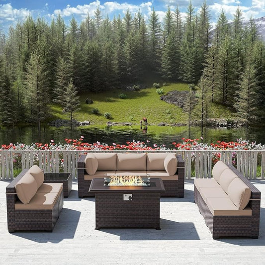 Outdoor Patio Furniture Sets with Propane Fire Pit Table, 10 Pieces Outdoor Furniture Patio Sectional Sofa Conversation Set w/ETL Approved 43" Gas Outdoor Fire Table & Coffee Table Brown.
