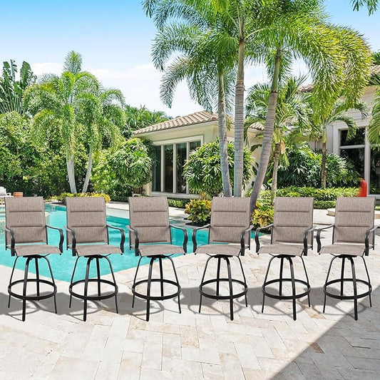 Vongrasig 6 Piece Outdoor Patio Swivel Bar Chairs, All Weather Padded Sling Textile High Top Bar Stools, Bistro Set for Backyard, Lawn Garden, Balcony, Gray