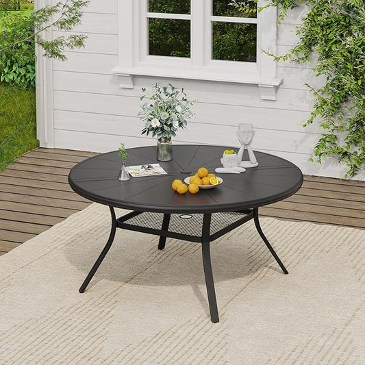 VICLLAX Outdoor Patio Round Dining Table, 47.2"x 47.2" Aluminum Tabletop with Storage Shelf for Deck Lawn Garden Backyard, Black