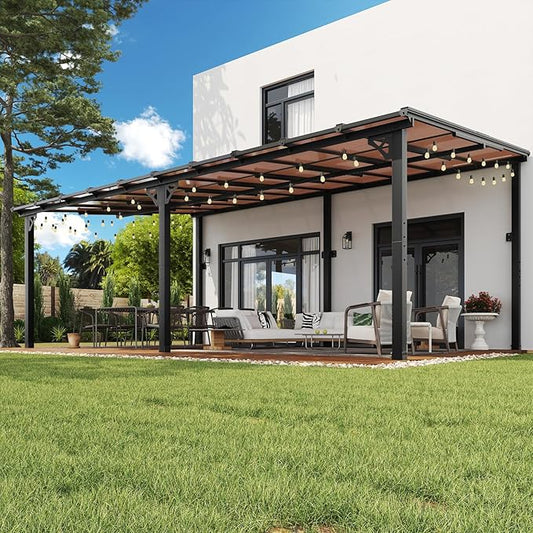 10x20FT Lean to Gazebo, Hardtop Metal Pergola with Polycarbonate Roof, Large Wall Mounted Heavy Duty Awnings, Patio Canopy for Backyard, Deck, Porch (Black)