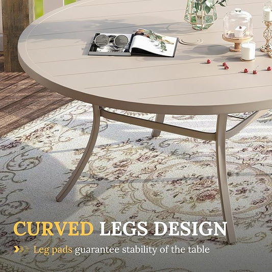 VICLLAX Patio Dining Set for 8, 9 Pieces Outdoor Furniture Includes 60" Round Patio Table with Umbrella Hole and 8 Outdoor Swivel Chairs for Lawn Garden, Sandshell Tabletop and Fabric