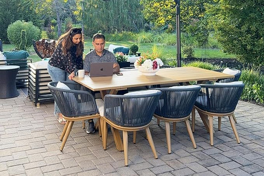 PURPLE LEAF 9 Pieces Patio Dining Set Wicker Outdoor Furniture Rectangular Table and Chairs Set for Garden Deck Teak-Finish Aluminum Frame Backyard Kitchen Set, Cushions and Pillows Included