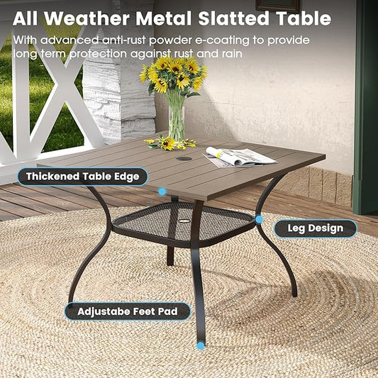 DIFY 5 Pieces Outdoor Patio Dining Set for 4, 37.8" Grey Wood-Like Metal Square Dining Table and 4 Sandshell Textilene Patio Swivel Chairs, Outdoor Table and Chairs