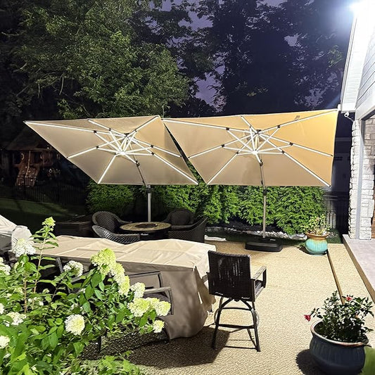 PURPLE LEAF 9' X 12' Double Top Deluxe Solar Powered LED Rectangle Patio Umbrella Offset Hanging Umbrella Outdoor Market Umbrella Garden Umbrella, Beige