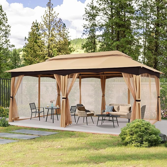 MASTERCANOPY Outdoor Patio Gazebo for Garden with Upgrade Steel Frame and Netting Walls (10x20,Beige)