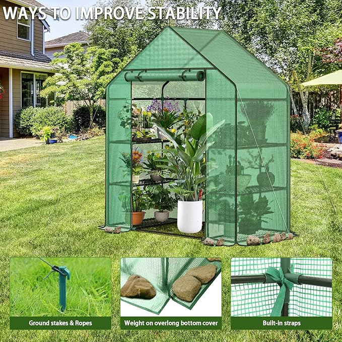 Greenhouse, 56 x 28 x 76'' Heavy Duty Greenhouses for Outdoors, Green House with Roll-Up Door Thicken PE Cover, Portable Walk-in Green Houses for Outside with 3 Tier 4 Shelves