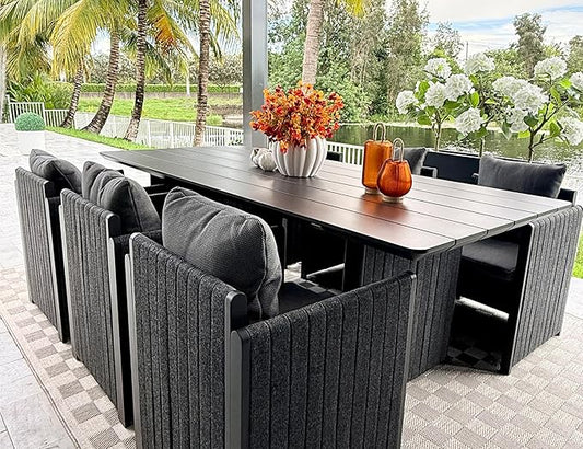 PURPLE LEAF 7-Piece Patio Conversation Set Olefin Cushions Outdoor Rectangular Aluminum Dining Table and Chairs for Garden Backyard Kitchen Indoor Decor Grey