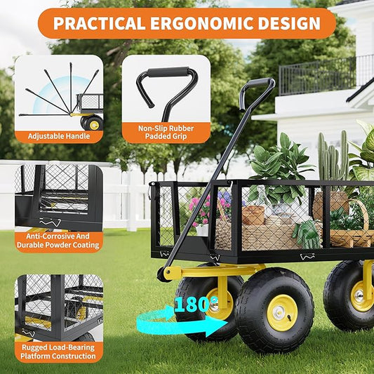 Metal Wagon - 500lbs Garden Cart with 10" Multi-Terrain Tires, 4 Removable Mesh Sides & 180° Swivel Handle, Yard Wagon Cart for Lawn, Yard, Patio Gardening