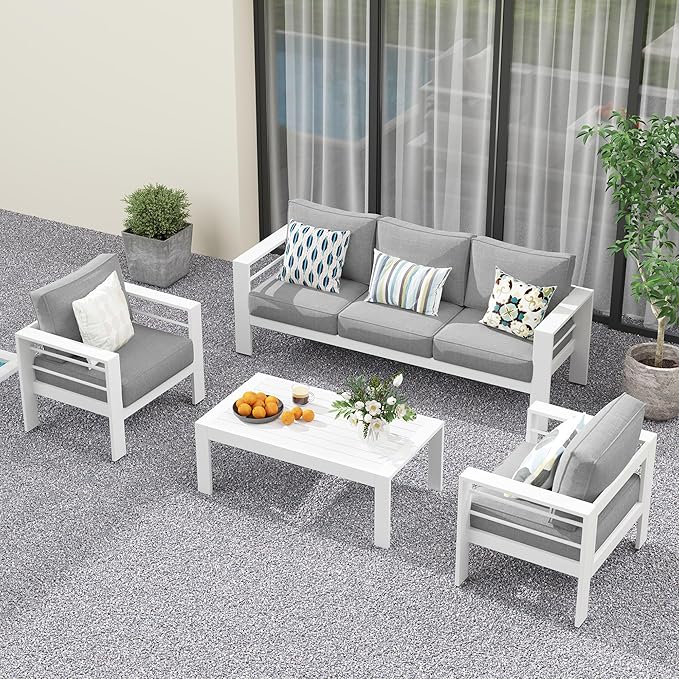 Solaste Aluminum Patio Furniture Set, 5 Seats Modern Outdoor Conversation Set Couch Sofa with Upgrade Cushion and Coffee Table, White