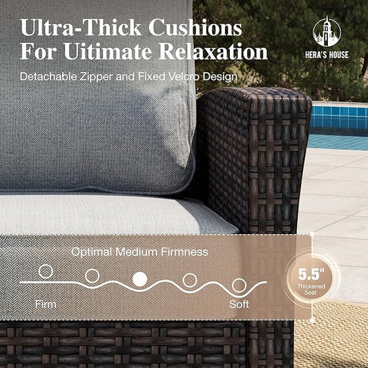 HERA'S HOUSE Gray Patio Furniture Set with Swivel Chairs, Outdoor Wicker Furniture with 35" High Back, 5.5" Thick Cushions, Deep Seating Patio Conversation Sets for Lawn Deck Backyard