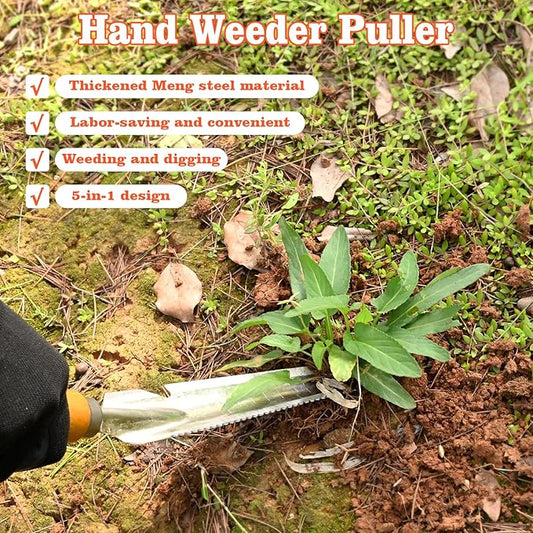 5-in-1 Stainless Steel Hand Weeder Puller Tool & Dandelion Fork Knife - Hand Weed Removal Tool for Weeding, Planting, Transplanting, Soil Cultivating & Flower Care(13.8-inches