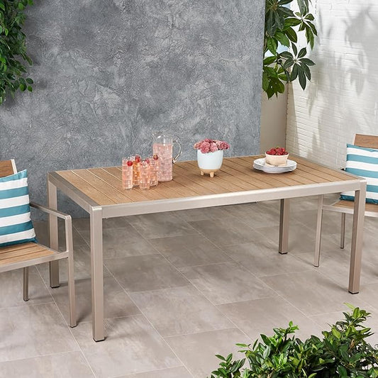 Great Deal Furniture Hannah Outdoor Modern Aluminum Dining Table with Faux Wood Table Top, Natural and Silver