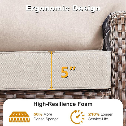 5 Pieces Patio Furniture Set Outdoor Sectional Sofa Couch with Rocking Swivel Chairs 5" Deep Seat Chairs, Modern Wicker Rattan Conversation Set, Beige/Brown Wicker