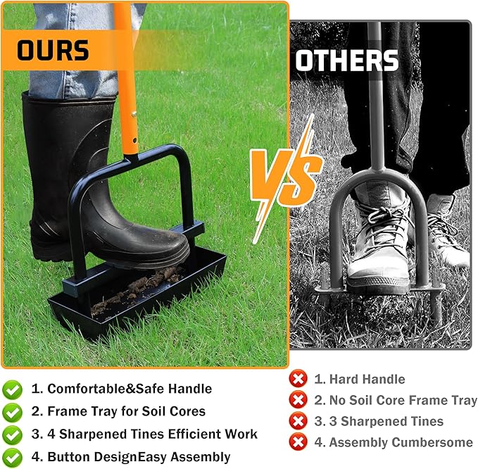 Lawn Aerator Coring Tool with Soil Core Collection Tray, 4 Tines Manual Yard Air Grass Aerator Gardening Tool for Lawn Care Courtyard,Orange(Updated Box)