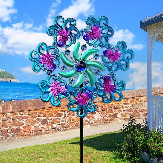 48" Octopus Wind Spinners for Yard and Garden,Ocean Theme Outdoor Decor with Metal Stake Yard Spinners,Wind Sculpture Decorations for Patio,Lawn & Garden
