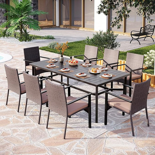 PHI VILLA 9 Pieces Outdoor Dining Set for 8, Large Rectangle Wrought Iron Table with Umbrella Hole & Cushioned Wicker Chairs, Dining Furniture for Patio, Deck, Yard, Porch