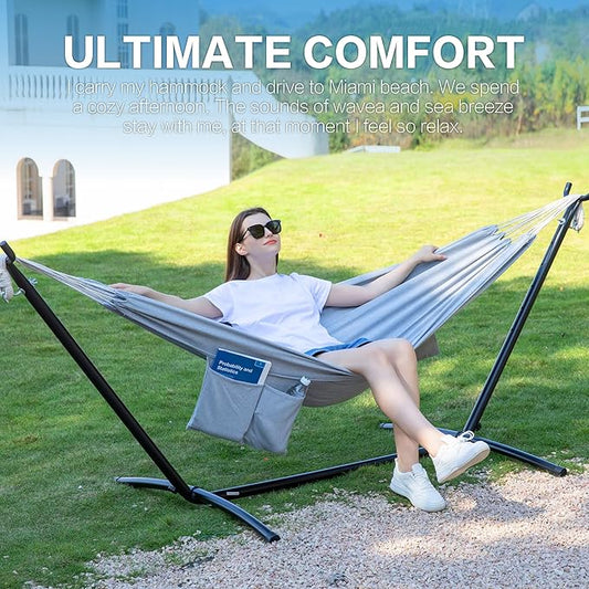PNAEUT Double Hammocks with Stand for Outside, Portable Space Saving Heavy-Duty Steel Stand for Indoor Outdoor Patio with Carrying Bag, 450 lbs Capacity (Gray)