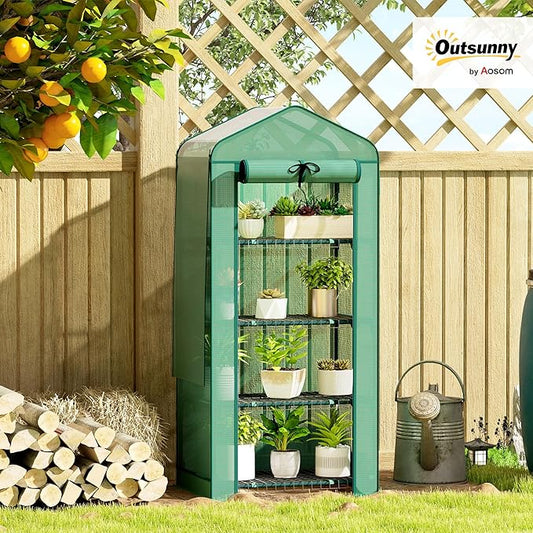 Outsunny 4 Tier Mini Greenhouse with Screen Roof, 27.6" x 19.7" x 62.2", Portable Small Greenhouse with High Strength PE Cover, Roll-Up Zipper Door for Garden Yard Backyard, Green