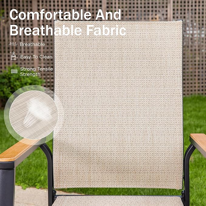 PHI VILLA Outdoor Stackable Chairs, Patio Chairs Set of 8, Light Weight Aluminum Frame with Textilene Fabric & Wood Armrest, High Back Deck Chairs for Poolside Lawn Garden, Beige