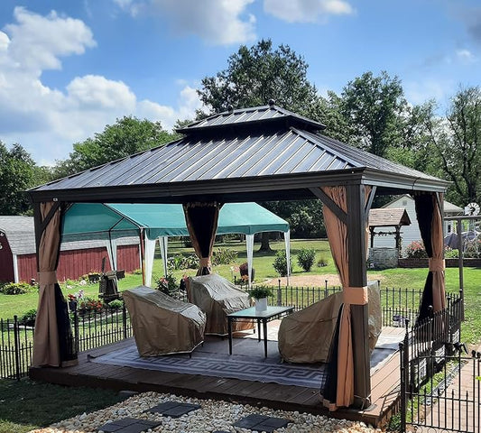 PURPLE LEAF 11' X 13' Outdoor Hardtop Gazebo Patio Wide Aluminum Frame Metal Double Roof with Heavy Duty Netting and Curtains for Permanent Hard Top Pavilion Screen, Khaki