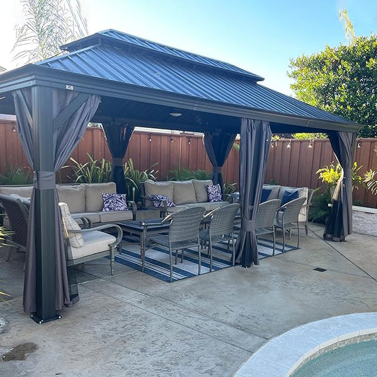 PURPLE LEAF 12' X 24' Large Gazebo with Galvanized Steel Double Roof Outdoor Patio Gazebo for Lawn and Garden Grey