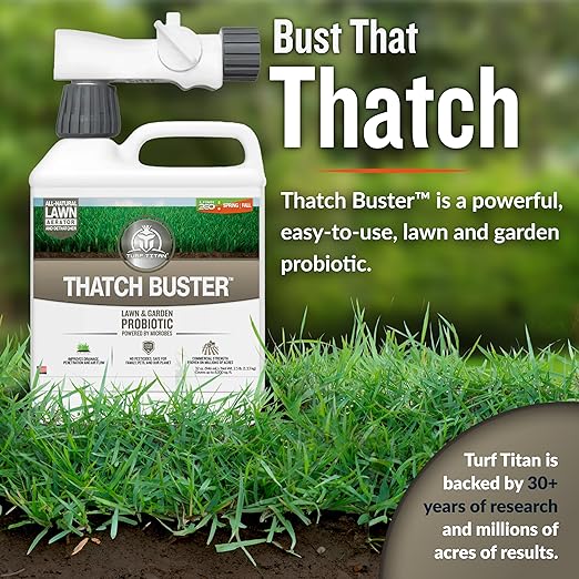 Turf Titan Thatch Buster – Natural Lawn Aerator and Grass Dethatcher – Probiotic Solution for Improved Lawn Drainage, Soil Health, and Strength (32oz)