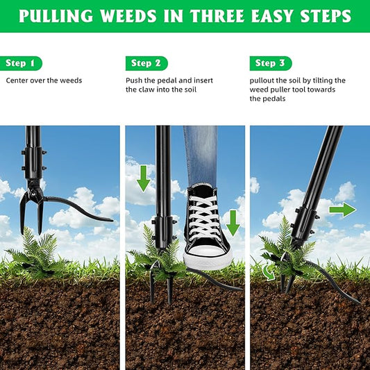 Weed Puller Tool, 50 Inch Stand Up Heavy Duty Weed Puller Tool, Gardening Hand Weeding Tool, 4 Claw Steel Head with Long Metal Handle Weed Remove Tool for Yard and Garden 