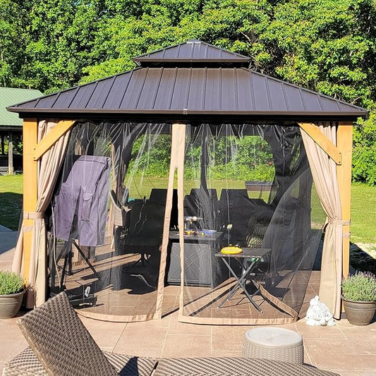 Domi 12' X 12' Wood Gazebo, Cedar Frame Hardtop Gazebo with Galvanized Steel Double Roof, Netting & Curtains, Patio Pergola Pavilion for Patio, Backyard, Deck, Lawns