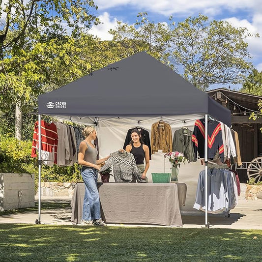 CROWN SHADES 10x10 Pop Up Canopy Tent with 1 Comercial Kit, Instant Commercial Tent with Patended Centerlock, 400D Silver Coated Fabric, 1 Sidewall, 4" Wheels, Sto'N Go Bag,Grey