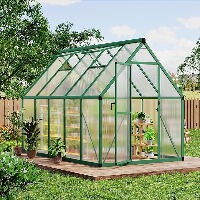 CABIHOME 6x9 FT Outdoor Greenhouse, Polycarbonate Greenhouse with Roof Vent and Ground Nails, Aluminum Large Walk-in Green House w/Lockable Push Door for Outside Garden Backyard (Green, 6x9 FT)