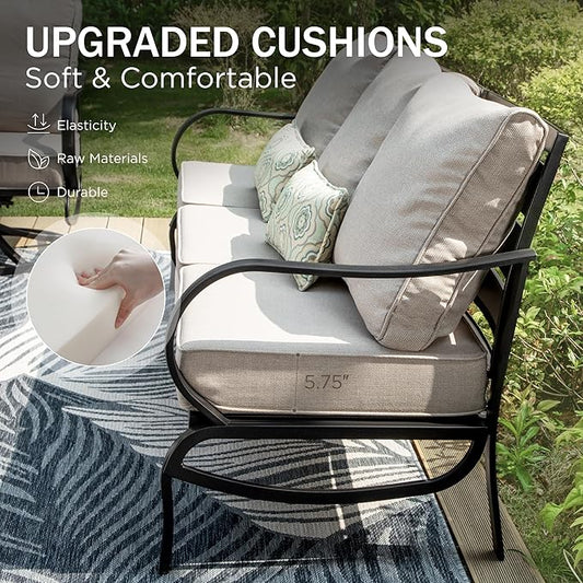 PHI VILLA Patio Furniture Set for 5 Person, Outdoor Furniture with 1 x 3 Seater Cushioned Deep Seating Bench, 2 x Armrest Sofa Chairs & 2 x Metal Cushioned Ottoman