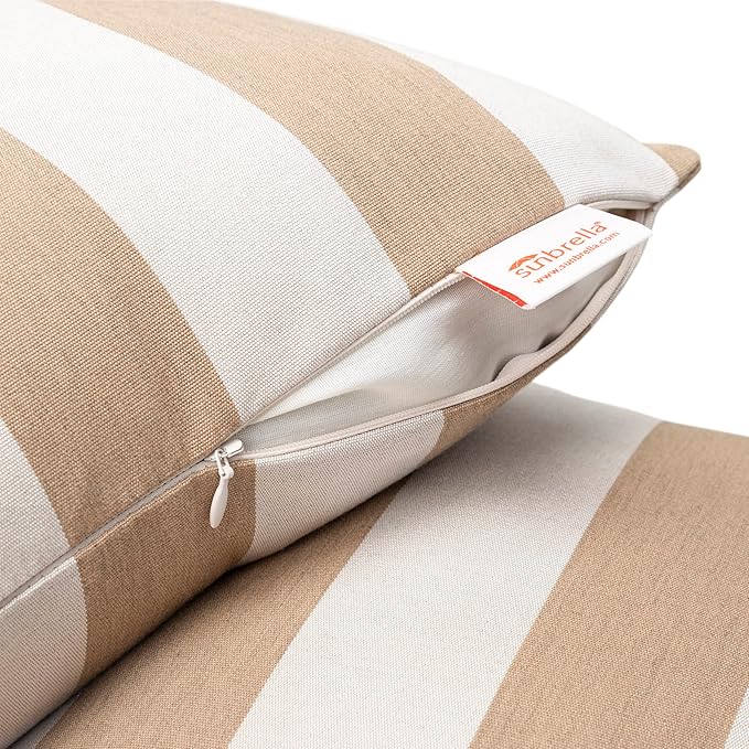 Austin Horn Classics Sunbrella Maxim Heather Beige - Cabana Stripe, Zippered & Reversible 20-inch x 20-inch Pillow Cover ONLY (Set of 2) Indoor/Outdoor Easy Clean Fill Sold Seperately