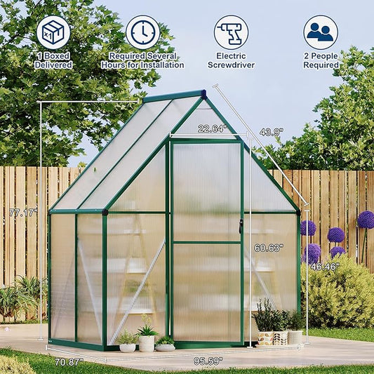6X4 ft Polycarbonate Greenhouse with Aluminum Frame, Polycarbonate Greenhouse for Outdoors, Greenhouses with Ventilation, Aluminum Large Walk-in Greenhouses for Outside
