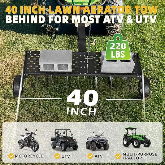 40" Lawn Aerator Tow Behind, Pull Behind Aerator with Universal Hitch, 24 Galvanized Steel Tines, Tray and Pneumatic Tires, Plug Behind Aerator is Suitable for Gardens, Lawns and Farms
