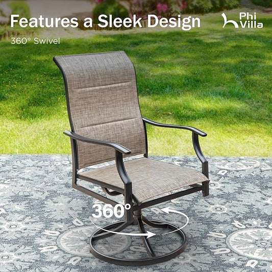 PHI VILLA Swivel Patio Dining Chair with 42" High Back, Padded Textilene Deep Seating Outdoor Chairs with Armrest & E-Coating Frame, All Weather-Resistant for Deck Lawn Garden, Set of 4