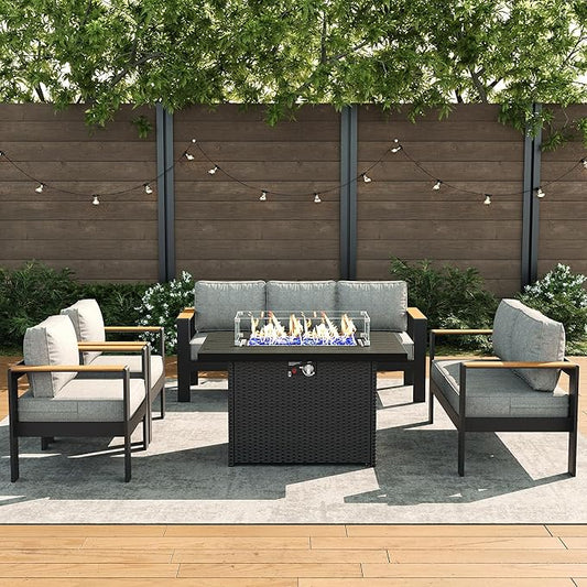LayinSun 5 Piece Aluminum Outdoor Furniture Set with Fire Pit Table, Outside Patio Deep Seating Conversation Set with Upgraded Washable Thick Cushion
