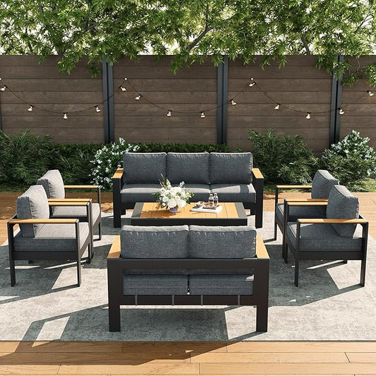 LayinSun 7 Piece Aluminum Outdoor Furniture Set with Coffee Table, Outside Patio Deep Seating Conversation Set with Upgraded Washable Thick Cushion
