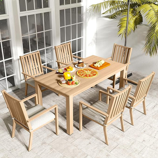 Patio Dining Chair Set of 4, Aluminum Outdoor Dining Chairs with Waterproof Cushions, Metal Outdoor Patio Furniture Seating for Porch, Balcony, Deck, Backyard, Light Wood Color