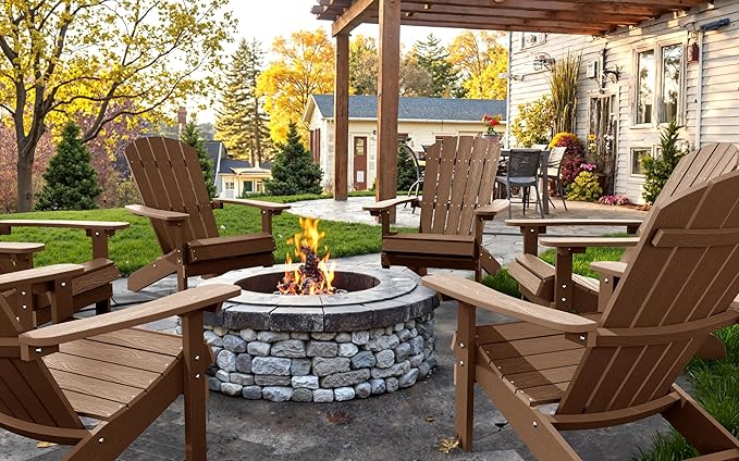 YEFU Adirondack Chairs Set of 2: Outdoor Chair HIPS Plastic Adirondack Chairs - Patio Chairs with Wood Texture - Lawn Fire Pit Deck Porch Garden Chairs for Adults (Teak)