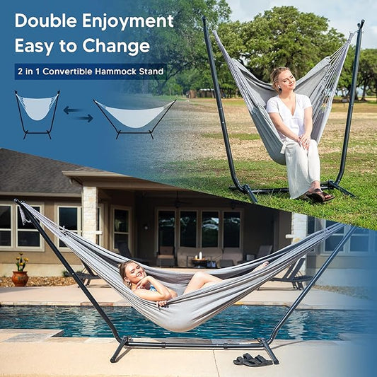 SUNCREAT 2-in-1 Convertible Extra Large Hammocks with Stand, Heavy Duty 2 Person Hammock for Outside with Stand, Patent Pending, Light Gray
