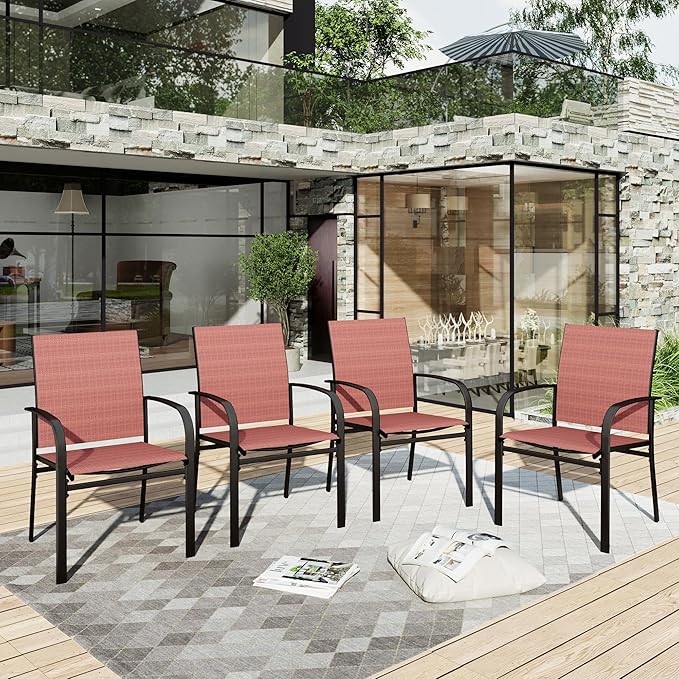 HERA'S HOUSE Patio Dining Chairs Set of 4, Outdoor Chairs, All Weather 36" Textilene Fabric Chair with Wrought Iron Metal Frame Support 350lbs for Lawn Garden Backyard Kitchen, Red