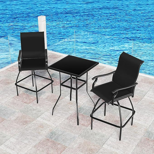 LEVELEVE Patio Bar Set 2pcs Swivel Bar Stools Outdoor Bistro Textilene Furniture Stability All-Weather Set (3, Black Padded)