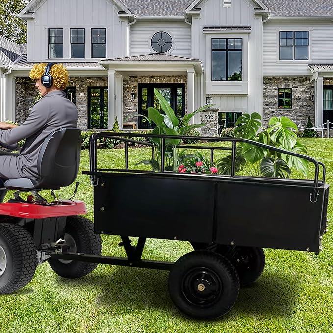 750 LBS Heavy Duty ATV Trailer Tow Behind Steel Dump Cart, 15 Cu. Ft Garden Utility Trailer with Removable Sides & Rear Hitch for Riding Lawn Mower Tractor, Black