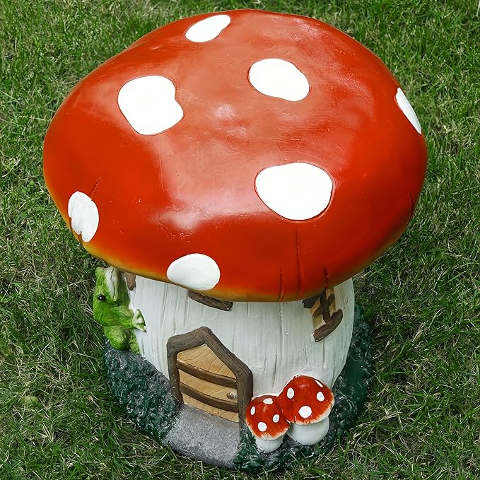 14''H Mushroom House Statue Outdoor Statues Garden Resin Stool Over Sized Sculpture Fairy Forest Pedestal Spring Decor for Home Courtyard Lawn Patio Summer Ornament Indoor Stool