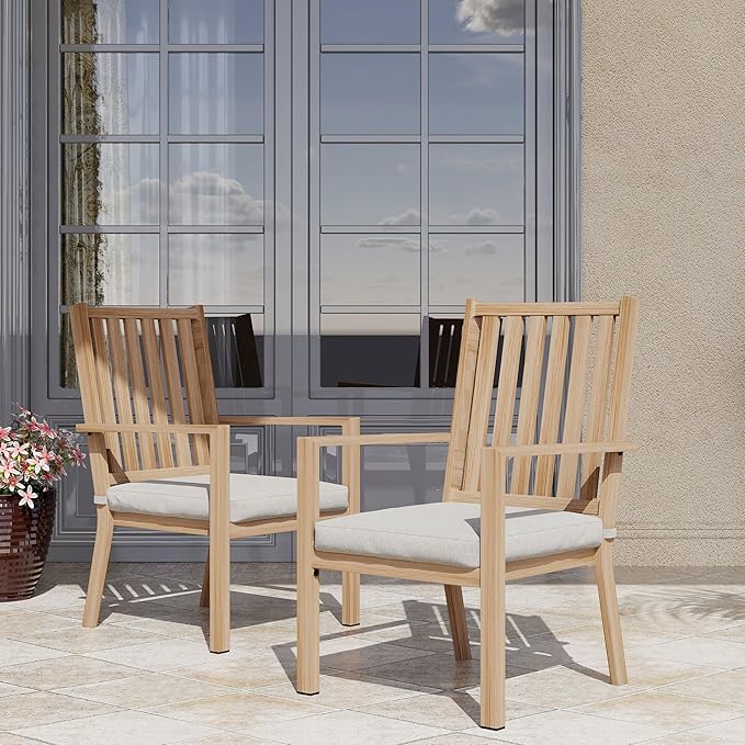 Patio Dining Chair Set of 2, Aluminum Outdoor Dining Chairs with Waterproof Cushions, Metal Outdoor Patio Furniture Seating for Porch, Balcony, Deck, Backyard, Light Wood Color