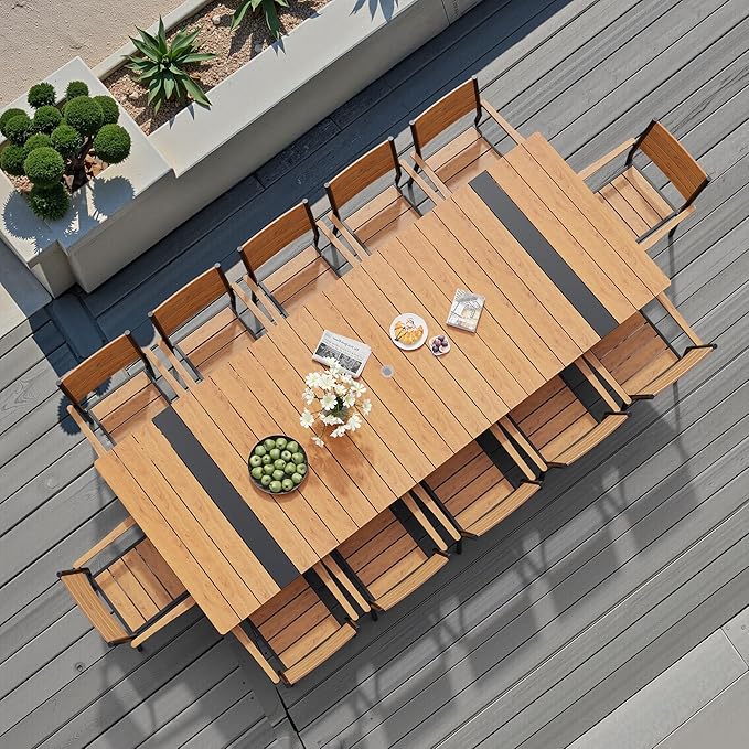 Pellebant 13 Piece Patio Table and Chairs Set for 12, Aluminum Outdoor Dining Set with Umbrella Hole, Stackable Dining Chairs & 114" Dining Table, Brown