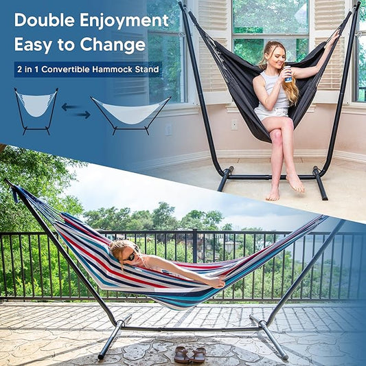 SUNCREAT 2-in-1 Convertible Portable Double Hammock with Stand Included, Outdoor Hammock and Stand, Patent Pending, Sea Blue