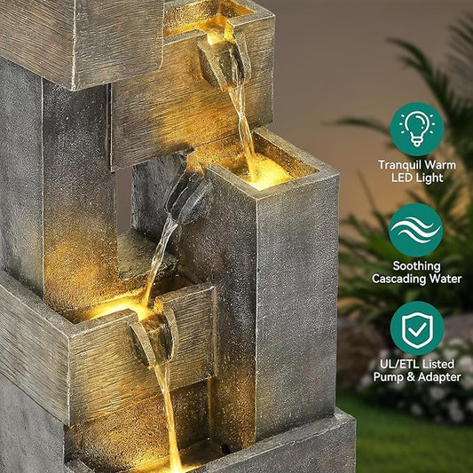32.5" Modern Outdoor Water Fountain with LED Lights, 5-Tier Stacked Blocks Garden Fountain Cascading Waterfall Feature for Relaxing Garden, Patio, Backyard, Deck, Porch or Home Décor